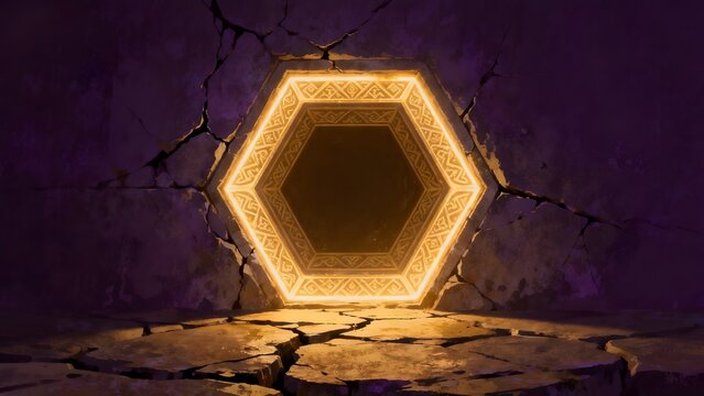 Glowing hexagonal portal in cracked wall