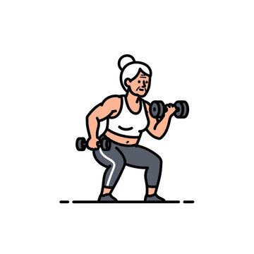 高齢の女性がダンベルを持ち上げて筋トレをしている様子を描いたイラストです。