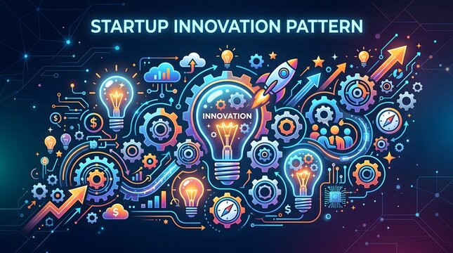 Visualisasi Konsep Inovasi Startup dengan Roda Gigi dan Roket