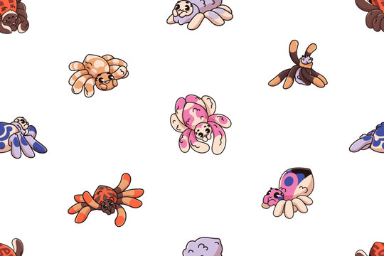 Repeatable pattern of cute baby spiders with happy gestures- greeting and waving. Endless background of kawaii tarantulas, funny Halloween arthropod characters. Flat seamless vector illustration