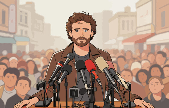 Anxious male speaker addressing a public press conference