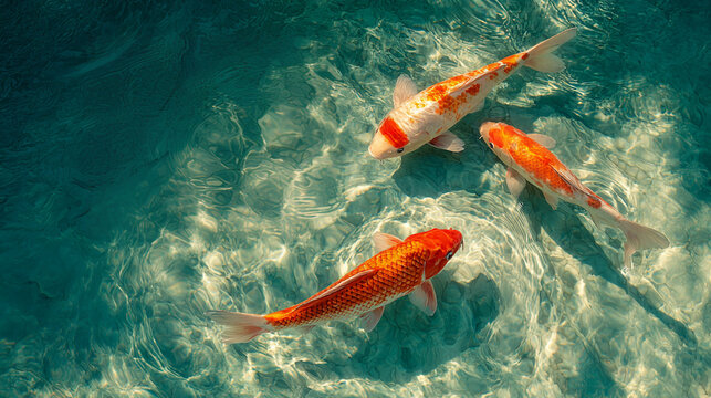 透明な水面を泳ぐ錦鯉の写真　Koi Fish Swimming in Clear Water｜Generative AI