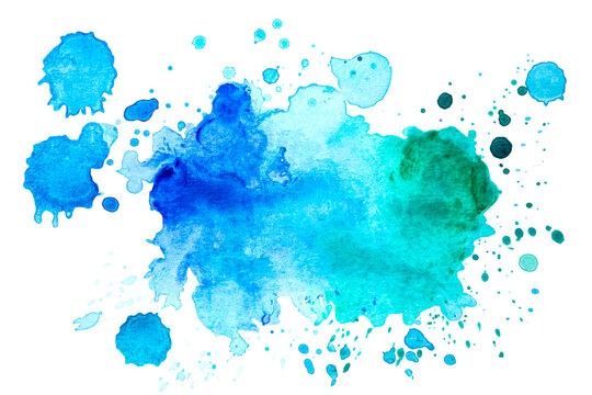 Abstract watercolor splash and blot background painted manually blue green color tones