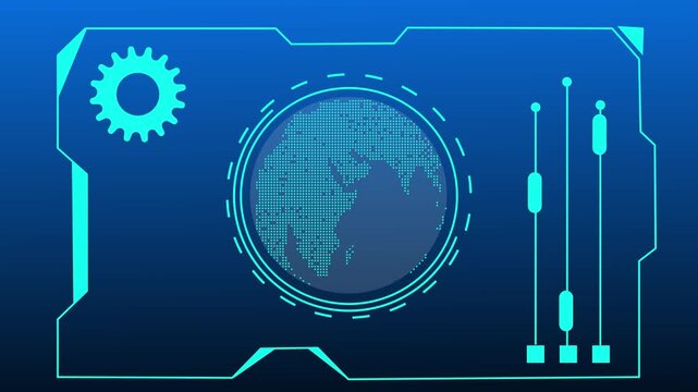 Futuristic blue hud interface with world map globe, gear icon, and vertical slider controls on dark gradient background; tech dashboard concept for global network, data, and automation.