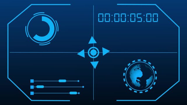 Futuristic blue hud interface with crosshair reticle, timer display, circular gauges, data bars, and globe icon on dark tech background, sci-fi ui overlay for targeting or monitoring.