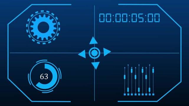 Futuristic blue hud interface with gear icon, timer readout, directional crosshair, circular gauge showing 38, and equalizer sliders on dark background, sci-fi tech dashboard concept
