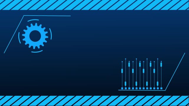 Blue futuristic tech background banner with gear icon, circuit lines, diagonal stripes borders, copy space for text, modern digital interface design.