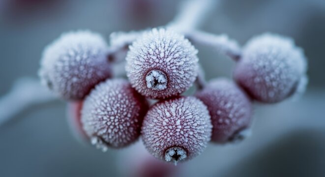 Intricate frost crystals form delicate patterns on ripe, frozen berries in a close-up winter nature scene