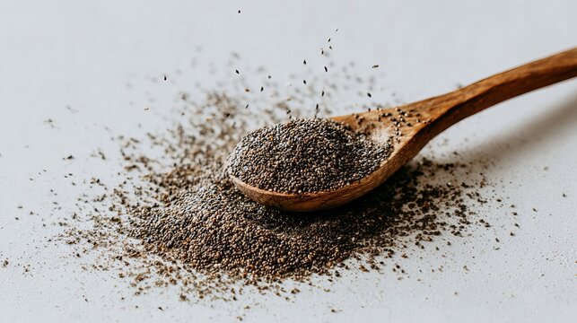 A wooden spoon filled with chia seeds on a white surface with some seeds spilled around