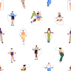 Fototapeta premium Repeatable pattern of people rope skipping. Endless background of young men and women jumping, leaping, hopping with sports equipment, having fun and training. Flat seamless vector illustration