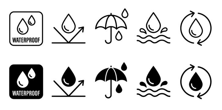 Waterproof icon set with umbrella and water drop symbols
