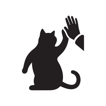  Black Cat Silhouette Giving High Five To Human Hand On White Background.