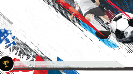 Soccer tournament promotion poster with player shooting the ball grunge texture punchy style white background have blank space. © Wasitt
