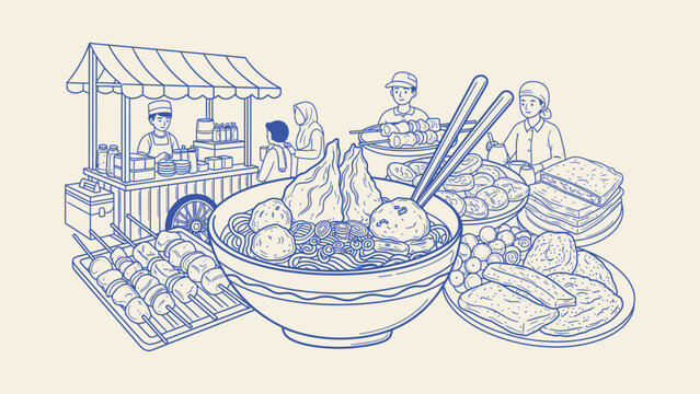 Indonesian street food illustration with bakso bowl, satay skewers, and food cart. Representing traditional Asian culinary culture and local market snacks
