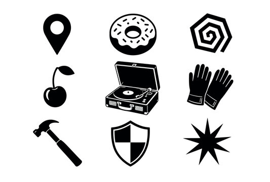 Collection of nine diverse black silhouette icons on white background.