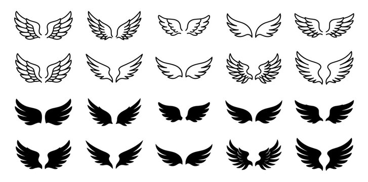Wings icon set with angel and bird wing shapes for logo design
