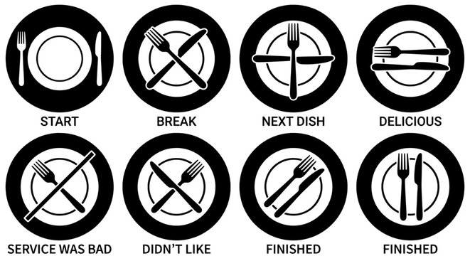 Dining etiquette icon set with cutlery language and table manners
