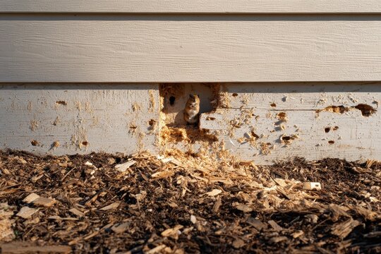 Close-up of home siding with critter damage: chew marks, debris, and exposed framing