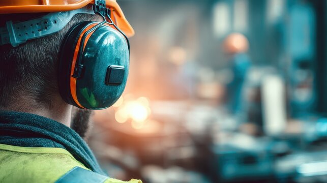 Close-up of protective earmuffs for hearing safety in a workshop