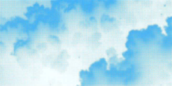 Halftone cloud background. White dotted clouds in blue sky. Comic pop art heaven wallpaper for banner, collage, poster, leaflet, brochure. Rasterized smoke, smog or fog texture. Vector illustration