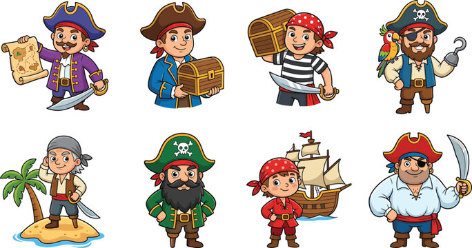 Cartoon Pirate Vector Set with Pirates, Treasure, Sword, Parrot, Ship, and Island for Adventure, Halloween, and Pirate Design