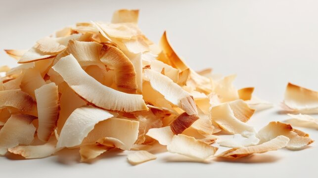 Close-up of toasted coconut chips on a clean white surface, inviting crunchy texture