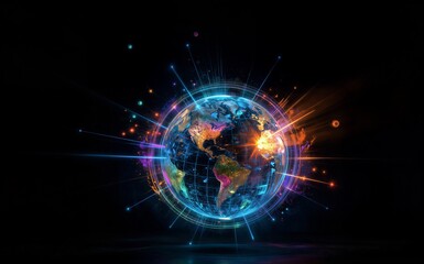 Obraz premium Vibrant digital Earth surrounded by glowing data streams and cosmic