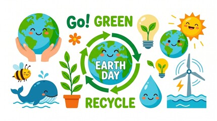 Fototapeta premium Cute Earth Day Vector Set with Eco-Friendly Icons and Environmental Conservation Elements for Sustainable Lifestyle