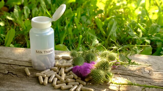 Milk thistle supplements in nature. Selective focus.