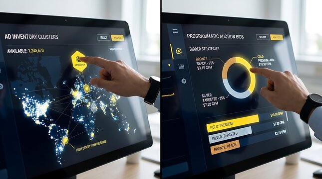 Persons hand interacting with digital screens displaying advertising data and analytics charts