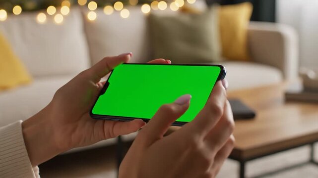 Female hands holding horizontal smartphone with green screen, interacting with display. Cozy home setting.