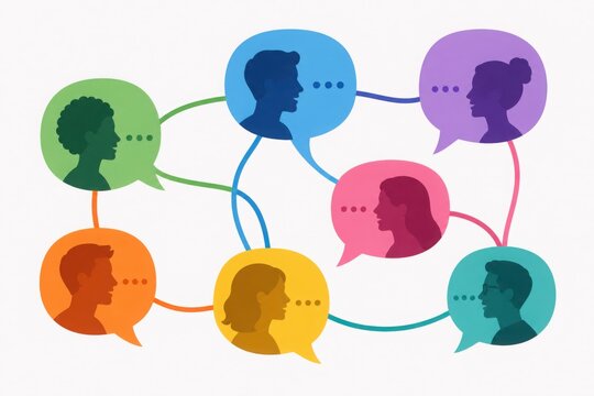 A colorful graphic depicting silhouettes of people in speech bubbles, illustrating communication and connection among various individuals.