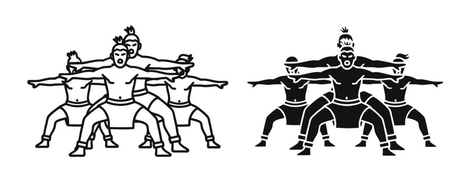 Haka dance icon set with outline and solid silhouette styles, white background