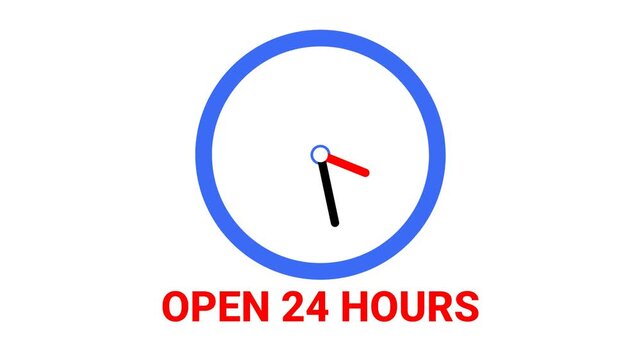 Blue clock shows 24-hour service. Red text reads "open 24 hours". Simple design for business hours. White background adds clarity. Graphic helps customers know hours