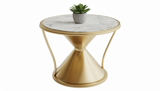 Round side table featuring a white marble surface, gold metal frame and succulent on white ground