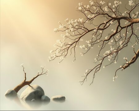 Elegant blooming cherry blossom branch with rocks in soft misty background