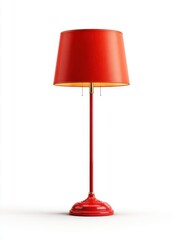 Obraz premium Elegant Red Floor Lamp With Golden Accents Illuminated On White Background With Soft Shadow