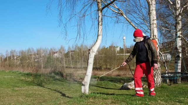 Worker spraying pesticide on a backyard for pest control, close-up, handles bushes. Gardening care work season. Early spring treatment of fruit trees, fungicide. Protecting the garden from diseases 4K