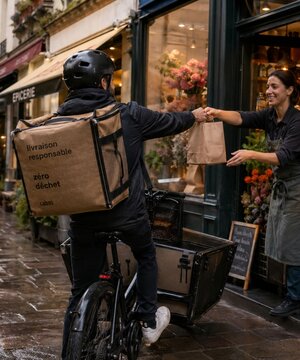 Livreur &agrave; v&eacute;lo cargo en ville europ&eacute;enne sous la pluie &ndash; livraison &eacute;cologique