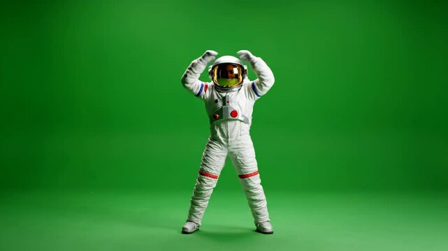 Full body shot of an astronaut in a white spacesuit performing various movements on a green screen. Ideal for chroma key and visual effects.