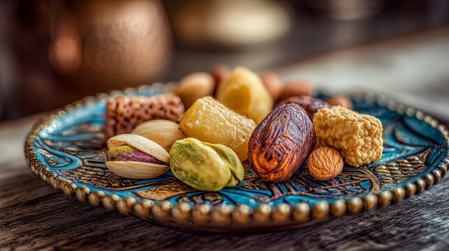 A vibrant plate of assorted nuts and dried fruits on a decorative table setting