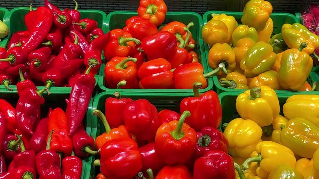 Red, yellow sweet peppers on a table in a jar in the form of pepper