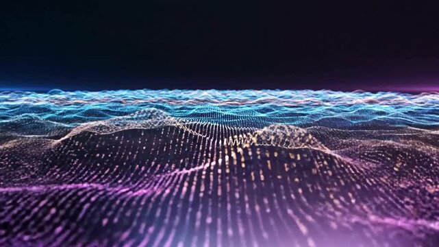 Vibrant digital landscape with glowing purple and blue lights.