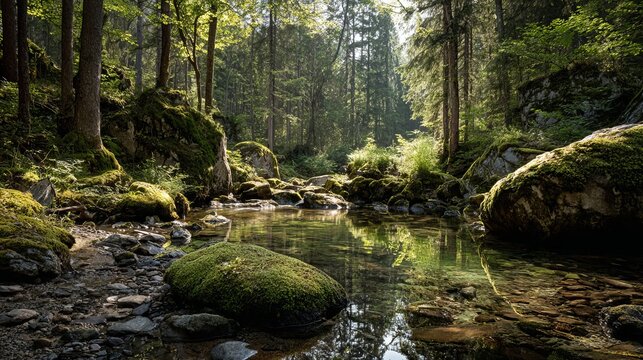 A serene forest stream with moss-covered rocks and trees reflected in the calm water
