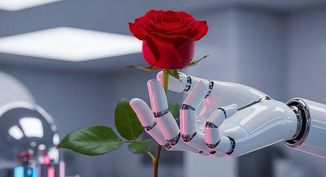 futuristic robotic hand delicately holding a vibrant red rose in modern setting