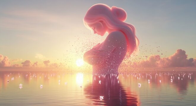Ethereal woman emerging from serene water at golden hour with floating lights and dreamy sunset ambiance