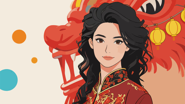 Elegant Chinese woman in traditional clothing with dragon dance decoration