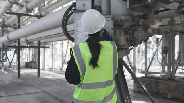 Rear view engineer and industrial worker in safety vest and hard hat at factory pipeline inspection, maintenance in plant with clipboard checking machinery during industrial inspection
