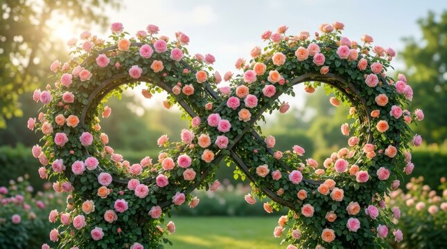 Romantic Infinity Rose Arch with Lush Pink and Peach Blooms in Golden Sunlight