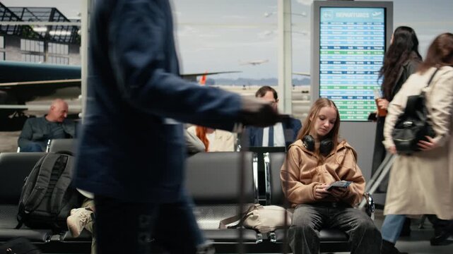 Young woman in airport lounge looking at airplane ticket, waiting for boarding gate checkin. Girl in modern aviation terminal holding passport document, doing journey back home, camera A